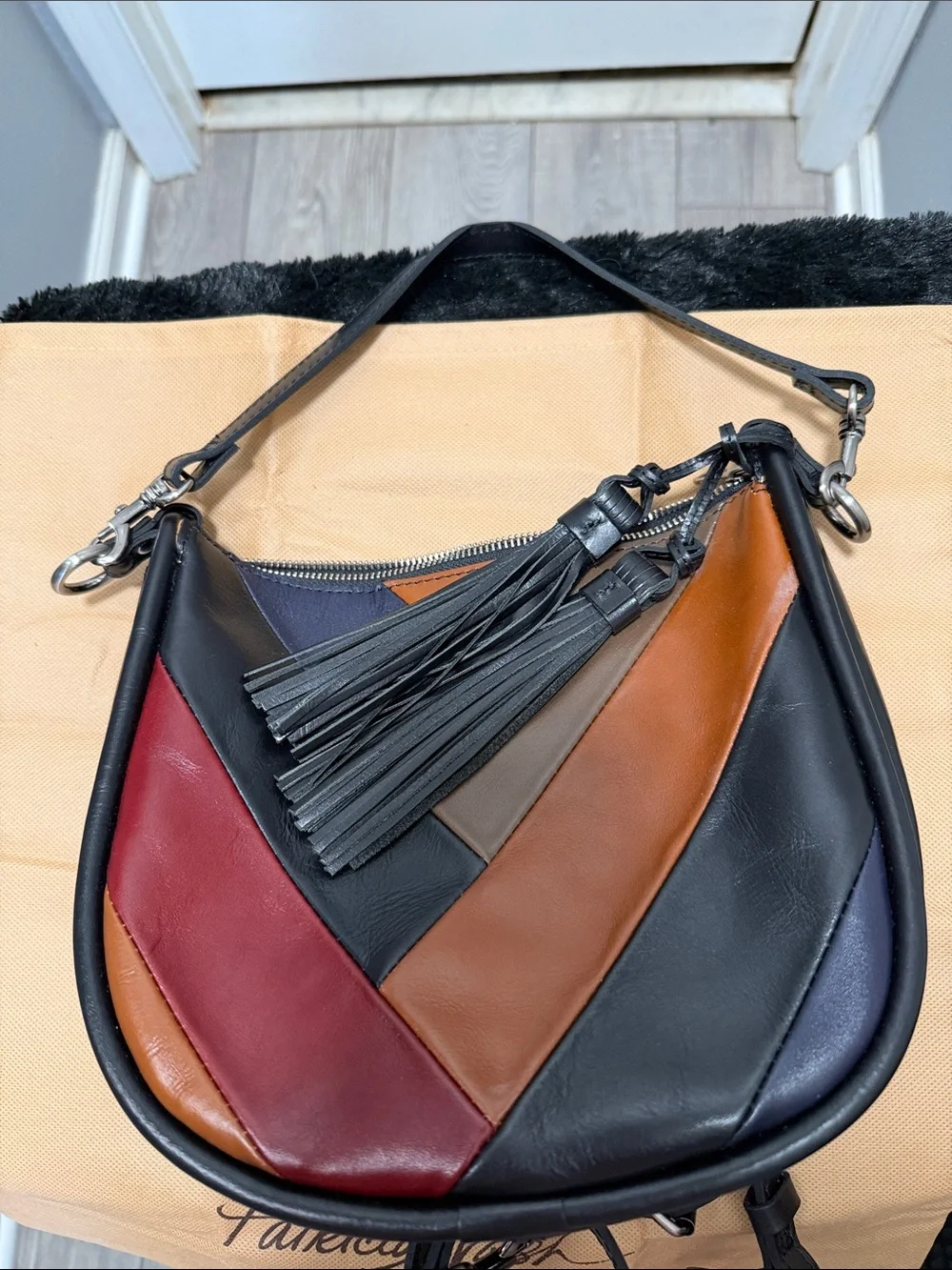 Patricia Nash Black Patchwork Crossbody with Brown, Tan & Red Accents